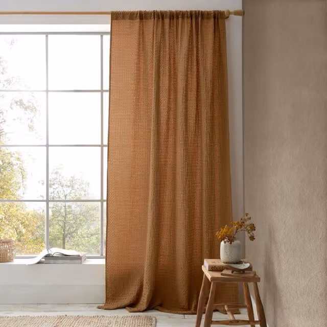 Pineapple Elephant Muscat Waffle Slot Top Ready Made Single Voile Curtain in Caramel