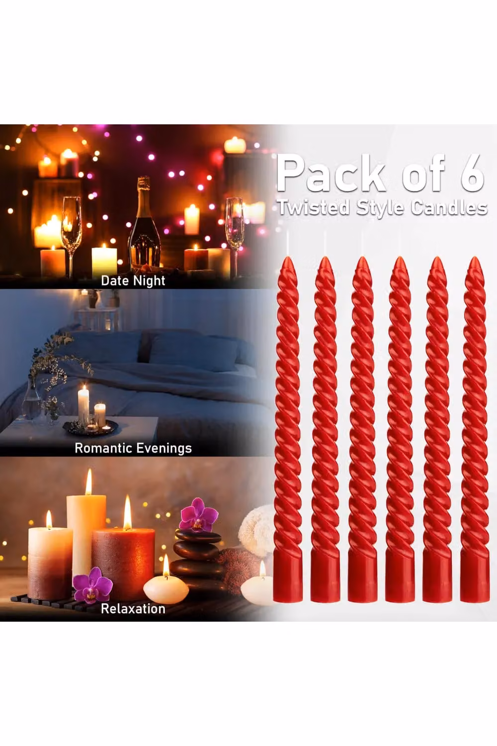 Deco Express Non-Scented Twisted Non-Drip Dinner Candles, Metallic Red, Pack of 6 – 9