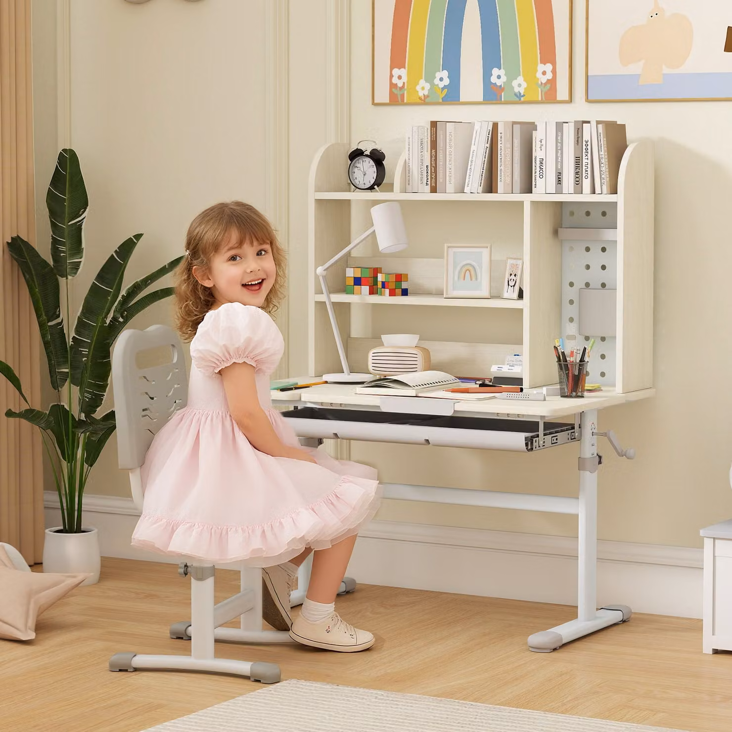 AIYAPLAY Height Adjustable Kids Desk with Tilting Top, Hutch, Drawer and Pegboard, Natural and White – 2