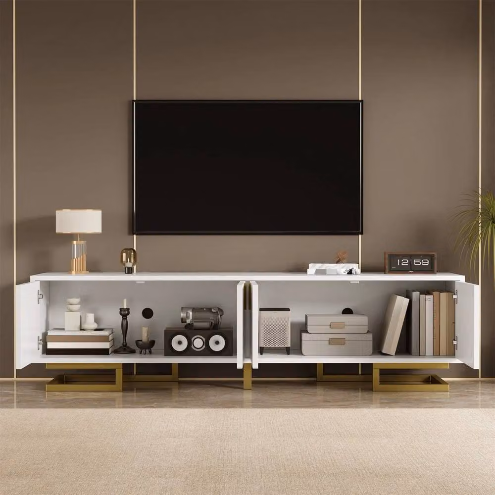 FORGEVIO Modern Glossy White 4-Door TV Unit with Media Compartments – 2