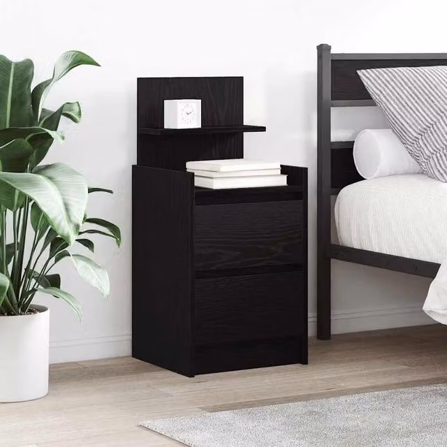 Berkfield Home Modern Black Bedside Cabinet with 2 Drawers W/D/H: 38 x 34 x 80 cm