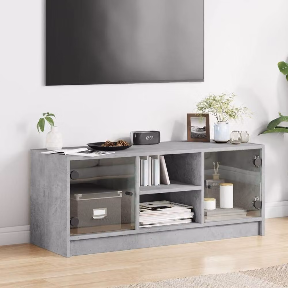 Berkfield Home TV Cabinet with Glass Doors in Concrete Grey, W/D/H: 102 x 37 x 42 cm – 3