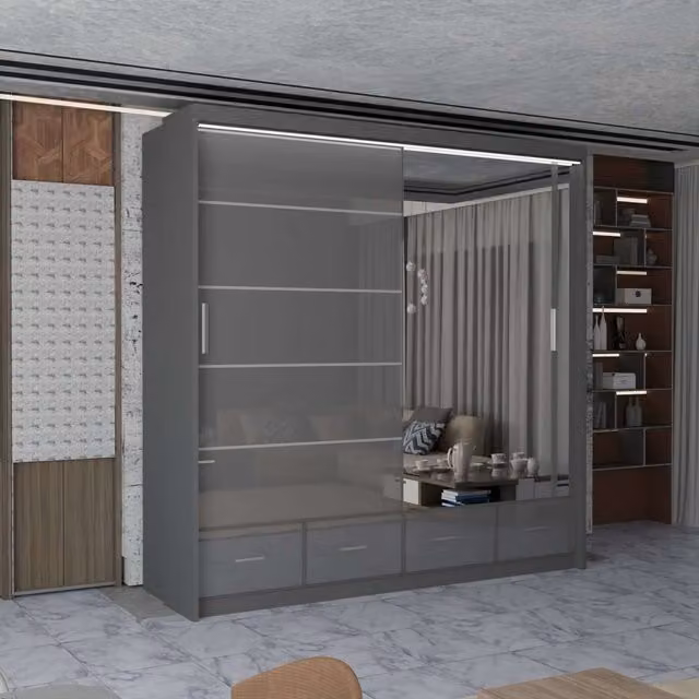 MN Furniture Grey High Gloss Sliding Mirrored Wardrobe with Integrated LED Lighting W: 203 cm, H: 220 cm