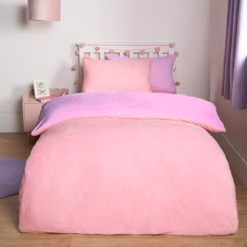 Brentfords Reversible Teddy Fleece Double Duvet Set with Pillowcases in Pink and Purple, 200 x 200 cm