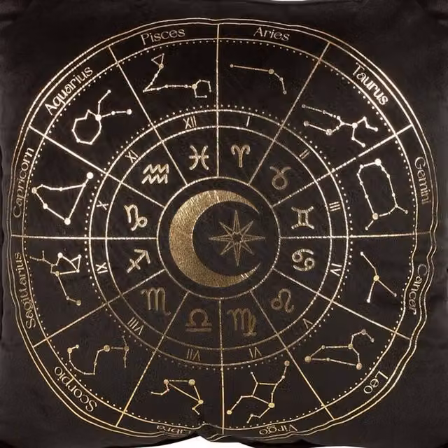 Uniqueful Black and Gold Astrology Wheel Square Cushion with Star Graphics, W: 35 cm x H: 35 cm – 1