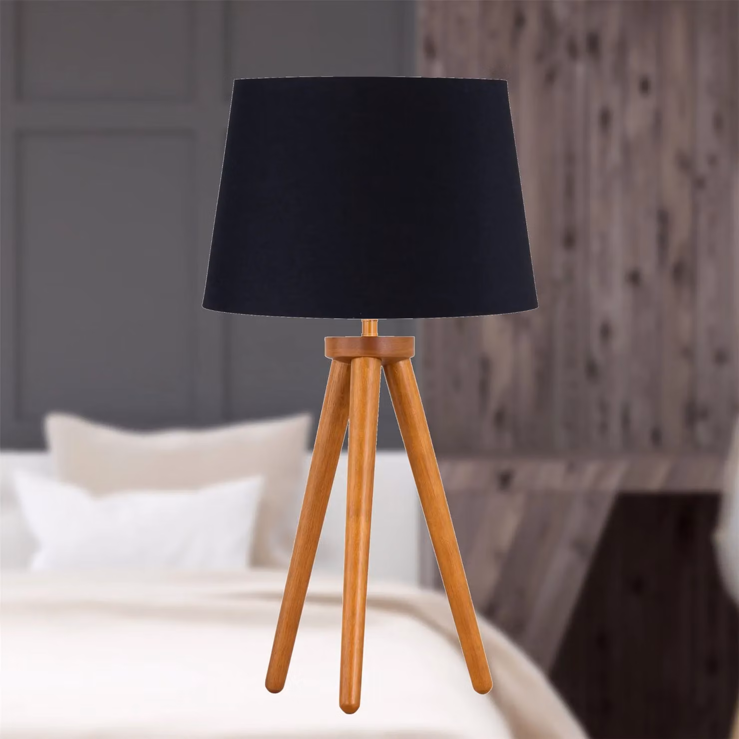 First Choice Lighting Set of 2 Brown Wood Table Lamps with Black Fabric Cylinder Shades – 4