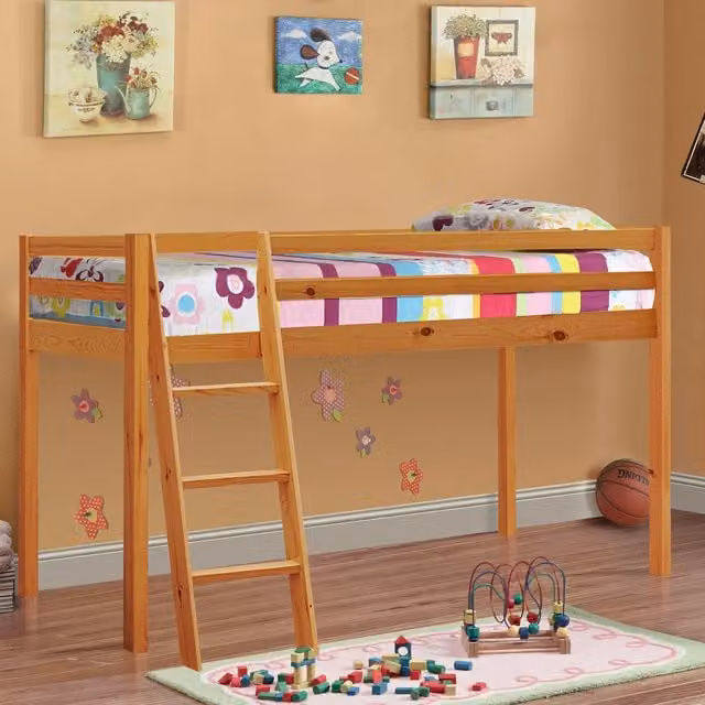 Comfy Living Single Mid Sleeper Bed with Slide in Brown Solid Wood, Height: 128 cm