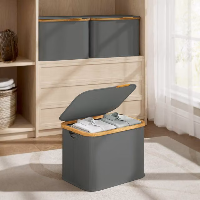 SONGMICS Collapsible Laundry Hamper with Lid and Bamboo Accents, 40 l, Grey