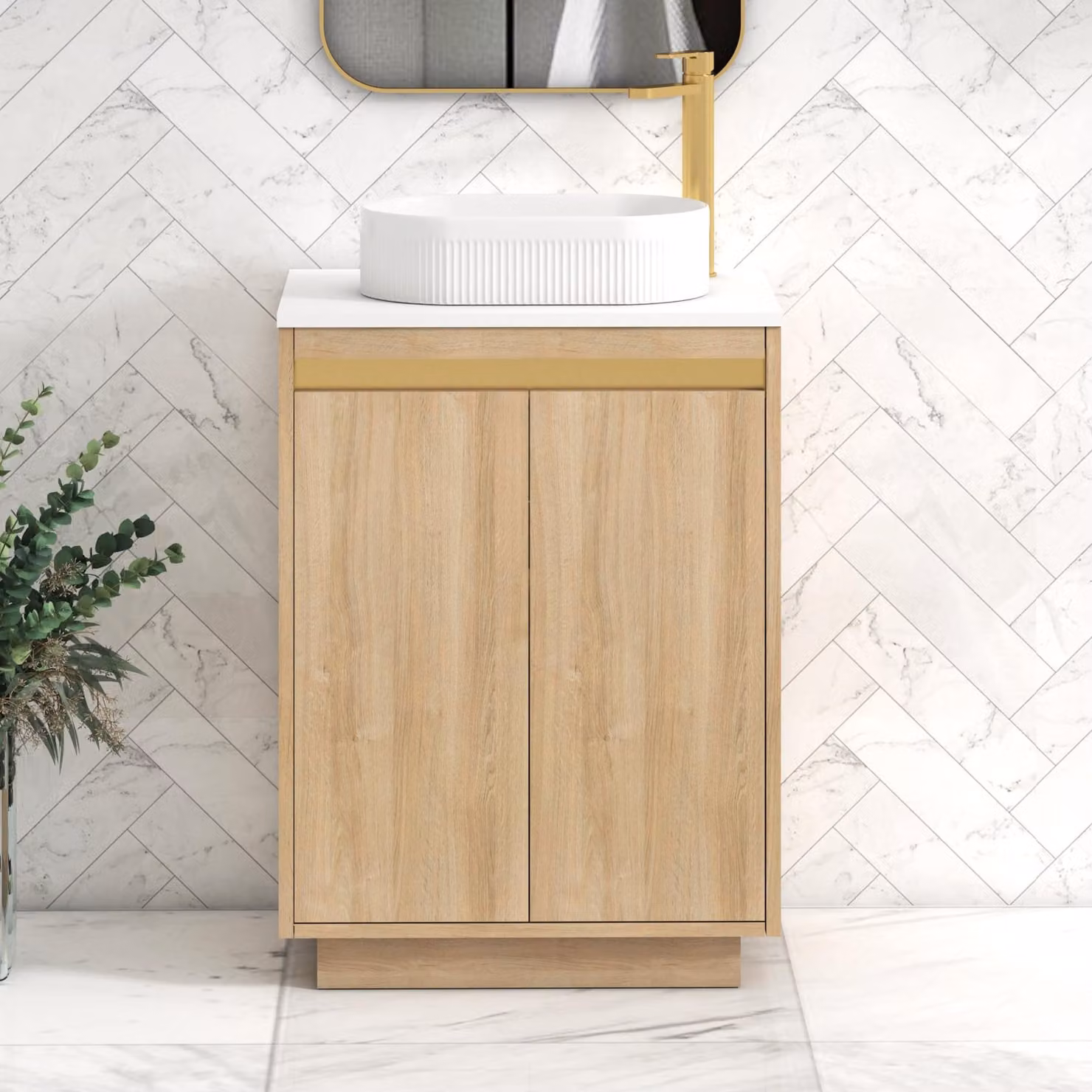 Royal Bathrooms Orion 600mm Natural Oak Floor Standing 2 Door Vanity Unit with Lyon Basin and Brushed Brass Accent Trim in White and Gold