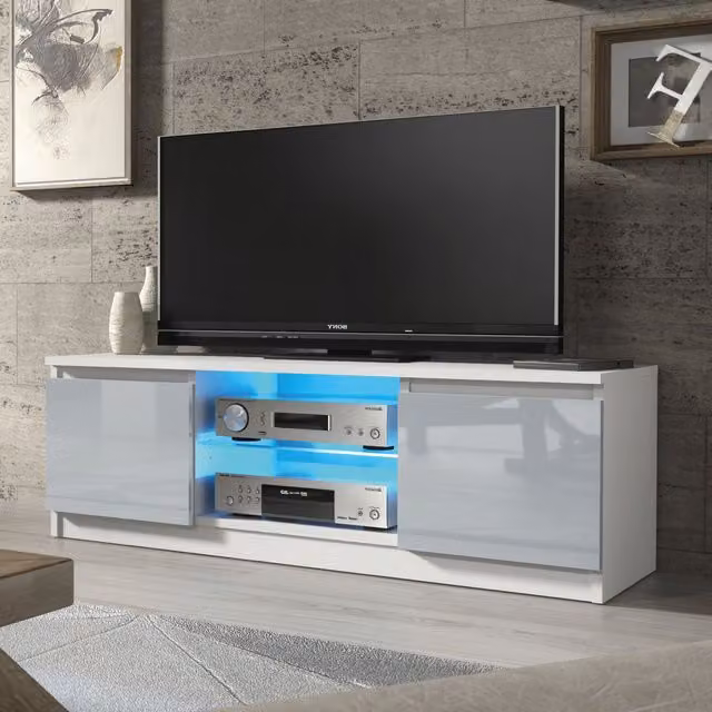 Mex Furniture LTD Modern Glossy TV Unit with LED Lighting in Light Grey, W: 120 cm, D: 40 cm, H: 38 cm – 1