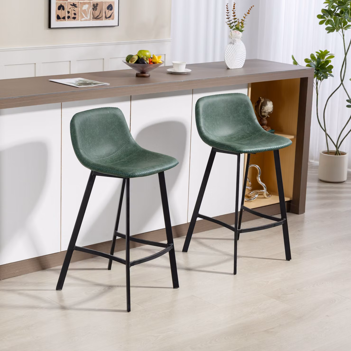 HOMCOM Set of 2 Green PU Leather Bar Stools with Backrest and Footrest – 2