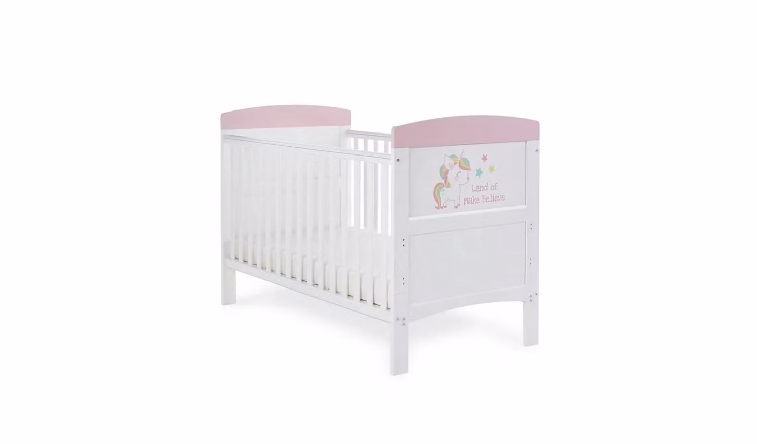 Obaby Grace Inspire Unicorn Cot Bed in White with 3 Height Positions and Drop Side
