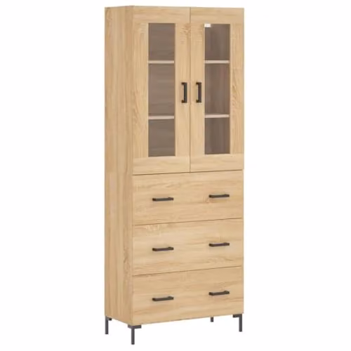 vidaXL Highboard in Brown with Glass Doors and Internal Drawers, H 180 x W 69.5 x D 34 cm