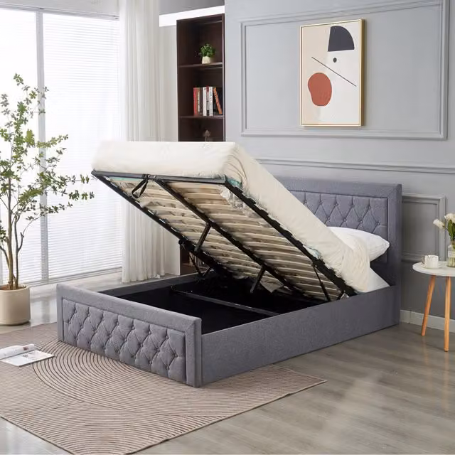 Home Treats Grey Upholstered Ottoman Bed Frame with Lift Up Base and Hybrid Mattress, W/D/H: 180 x 200 cm