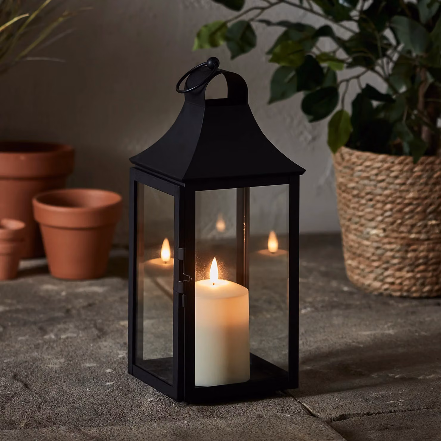 Albury Black Metal Garden Lantern with TruGlow Pillar Candle, Height: 34 cm