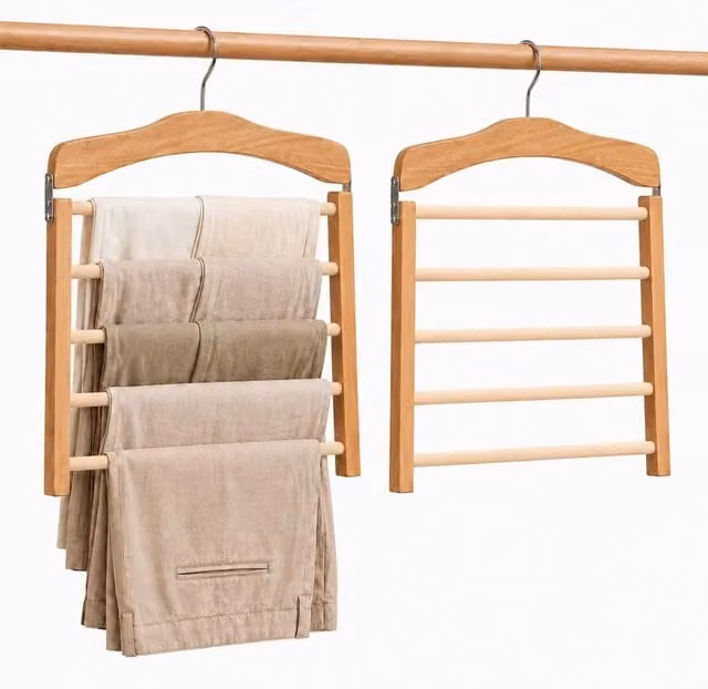 VOGREX 2 Pack Space Saving Wooden Trouser, Jeans and Scarf Organiser Hangers in Beige – 1