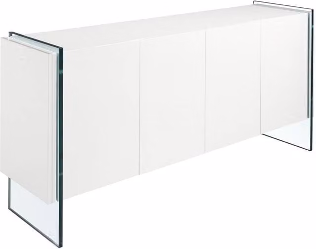 Angel Cerda White Lacquered MDF Modern Sideboard with 4 Doors and Tempered Glass Legs, W/D/H: 170 x 43 x 77 cm