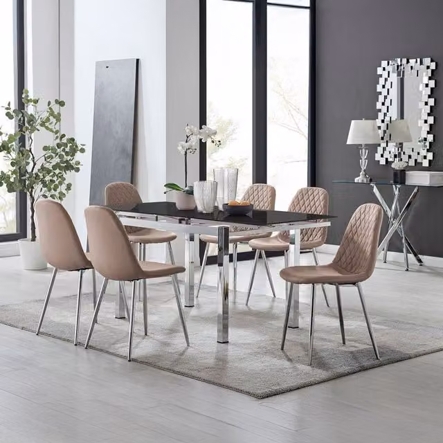 FurnitureboxUK Enna Black Glass Extending Dining Table and 6 Corona Silver Leg Chairs in Cappuccino