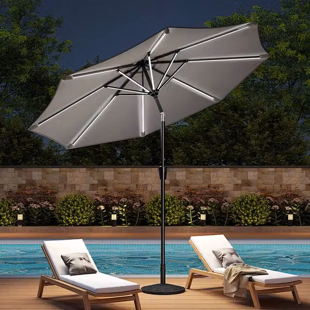 Livingandhome LED Strips Garden Parasol with Floral Base in Light Grey