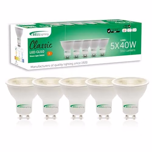 BELL Lighting GU10 LED Spotlight Bulbs, 4.4W, 350lm, Warm White 3000K, Pack of 5