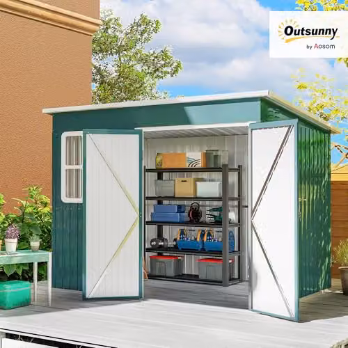 Outsunny Green Galvanised Steel Pent Garden Storage Shed with Window and Foundation Kit W: 260 cm, D: 190 cm, H: 177 cm – 2