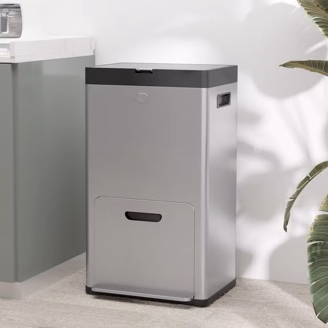 HOMCOM 56L Stainless Steel 3 Compartment Kitchen Pedal Bin with Wheels in Silver