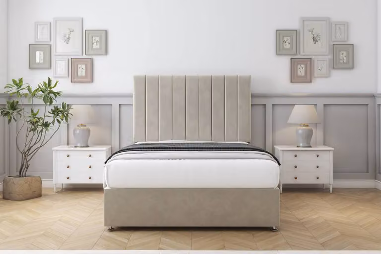 Sloomy Kansas Plush Small Double Divan Set with 26 inch Headboard in Beige Velvet Fabric, W/D/H: 120 x 200 cm