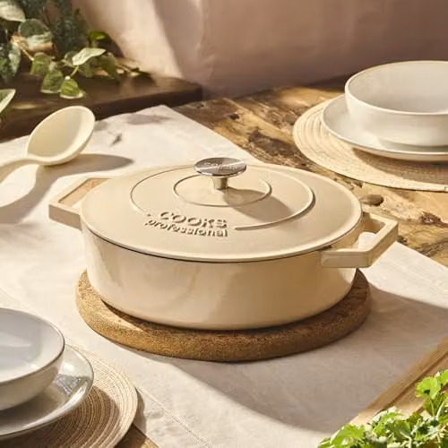 Cooks Professional Enamelled Cast Iron Shallow Casserole Dish with Lid and Handles, 4.3 l, Ivory – 2