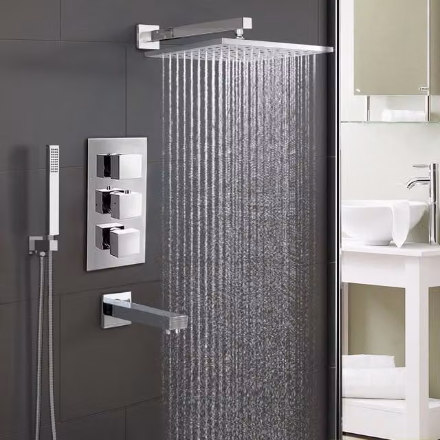 Nes Home Olive Chrome Square 3 Way Concealed Thermostatic Shower Mixer Set with Shower Head, Handset and Bath Filler Spout in Silver