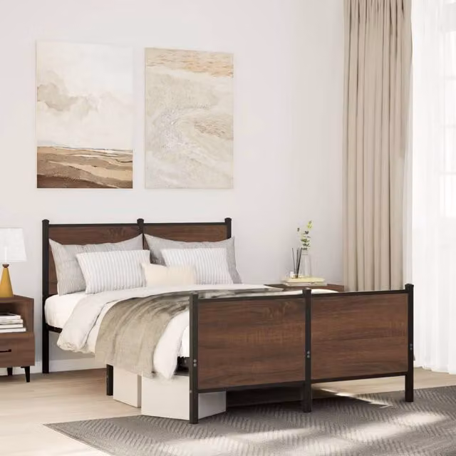 Berkfield Home Metal Bed Frame in Brown Oak, W: 137 cm, L: 190 cm