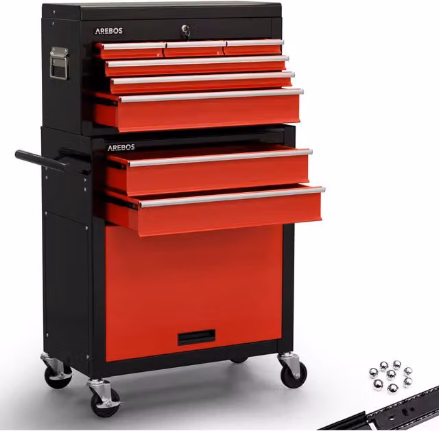 AREBOS Lockable Steel Tool Cabinet Cart Workshop Trolley with 9 Drawers, Black and Red