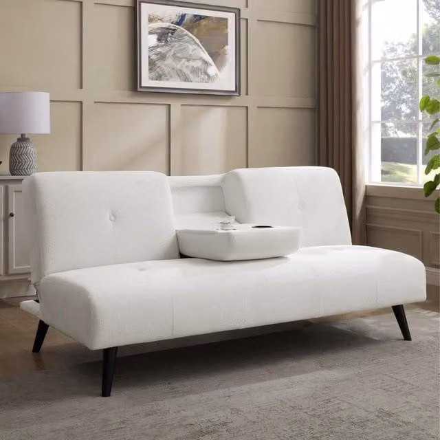 Chicory Cream Linen Upholstered Sofa Bed with Cup Holder Tray, W/D/H: 182 x 108 x 86 cm