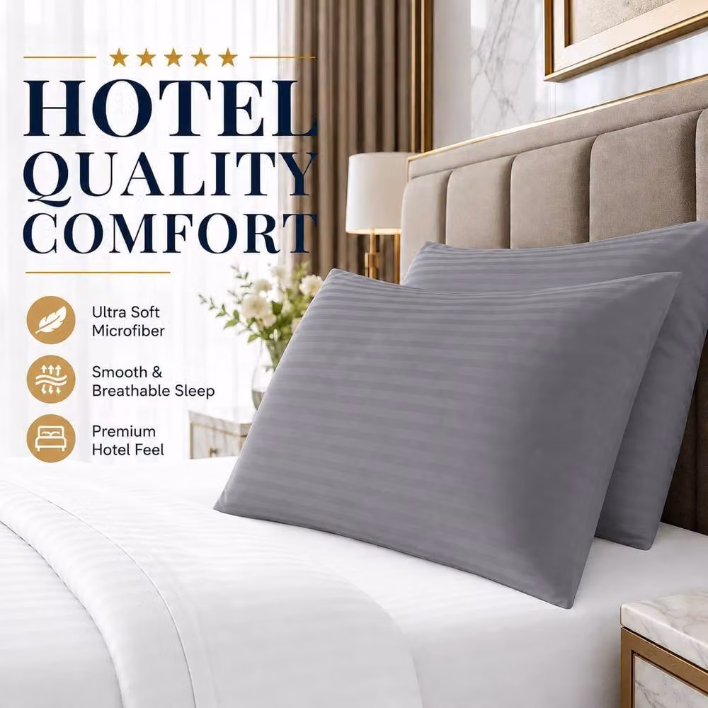 Homes-Linen Set of 2 Striped Microfibre Pillowcases in Grey, W/H: 50 x 70 cm – 3