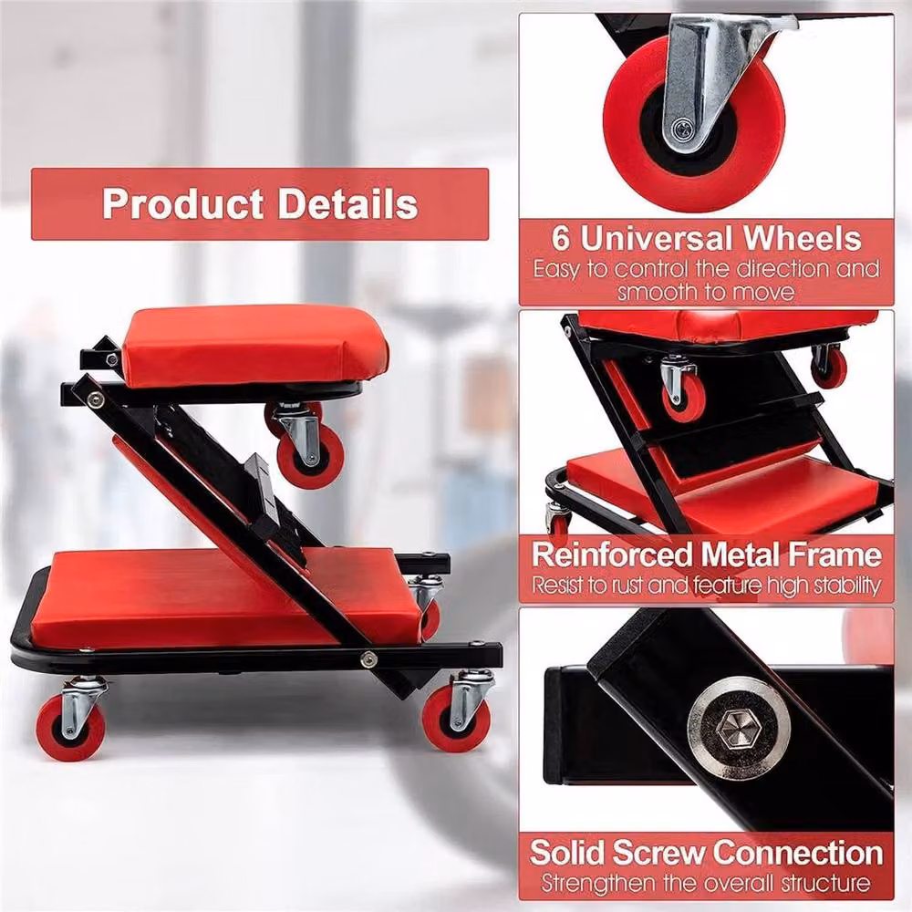 FLAVORA 6-Wheel Folding Mechanic Creeper Stool in Red, W: 52 cm, L: 1000 cm – 6