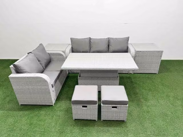 Fimous 7 Seater Grey PE Rattan Wicker Garden Furniture Set with Adjustable Lifting Dining or Coffee Table, 3 Seater Sofa, Love Seat and Ottoman