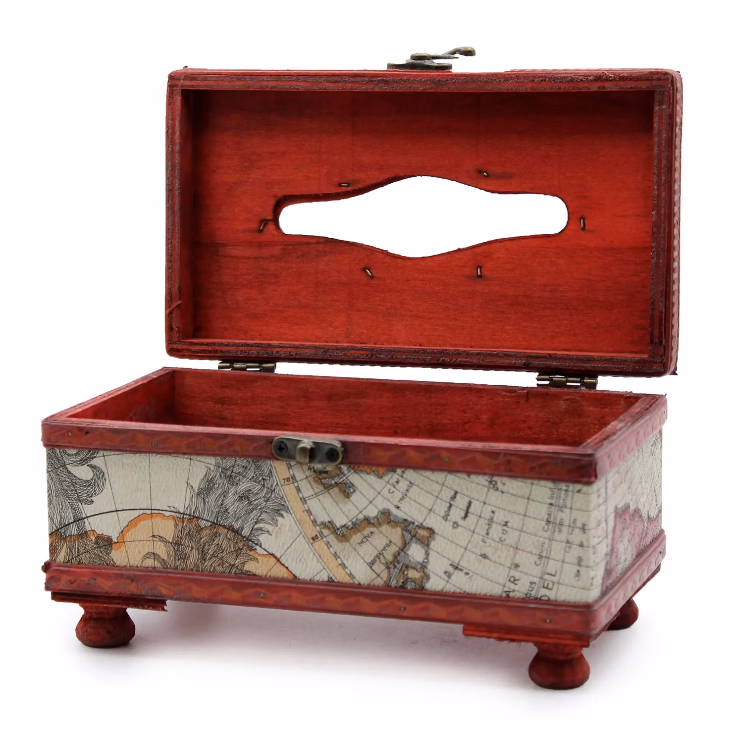 KDMD Antique Style Wooden Tissue Box with Legs in Dark Brown and Old Map Design – 3