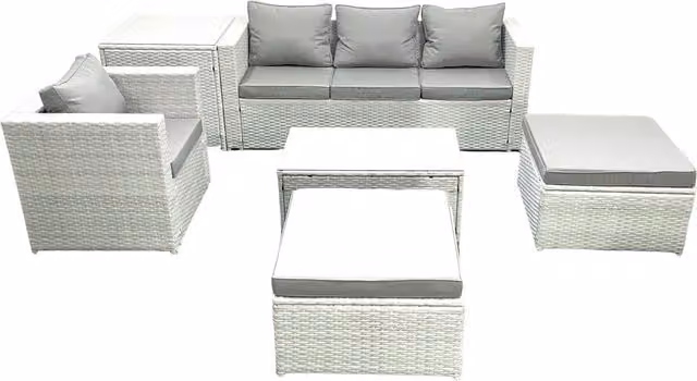 Fimous 6 Piece Rattan Garden Furniture Set in Light Grey with Sofa, Chairs, Coffee Table, Side Table and 2 Footstools