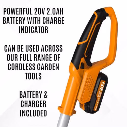 Cordless Long Reach Pole Hedge Trimmer with 420mm Blade and 16mm Teeth in Orange, including 20v Rechargeable Battery and Quick Charger – 5