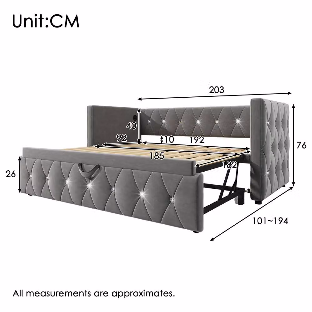 Rolipo Grey Velvet Single Daybed with USB Charging Station and Trundle, W/D/H: 200 x 90 x 76 cm – 2
