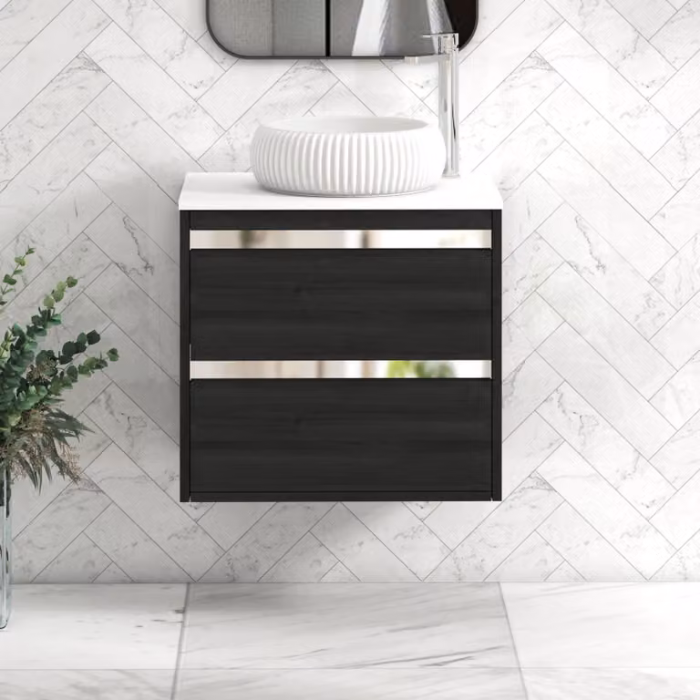 Royal Bathrooms Orion 600mm Hale Wall Hung Vanity Unit with Milan Basin and 2 Drawers in Black and White with Chrome Accent Trim
