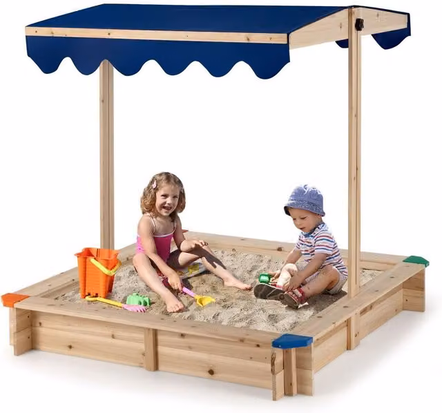 COSTWAY Wooden Kids Sandbox with Height Adjustable Canopy in Brown and Blue