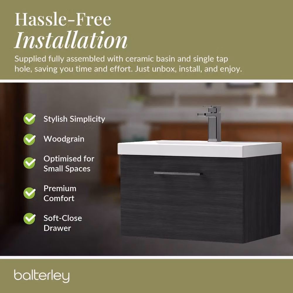 Balterley 600mm Wall Hung 1 Drawer Vanity Unit in Woodgrain Black with Pewter Handle – 4