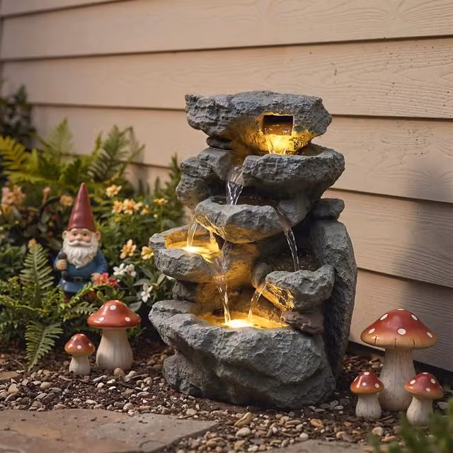 Outsunny Grey Tabletop Cascade Outdoor Fountain with LED Lights