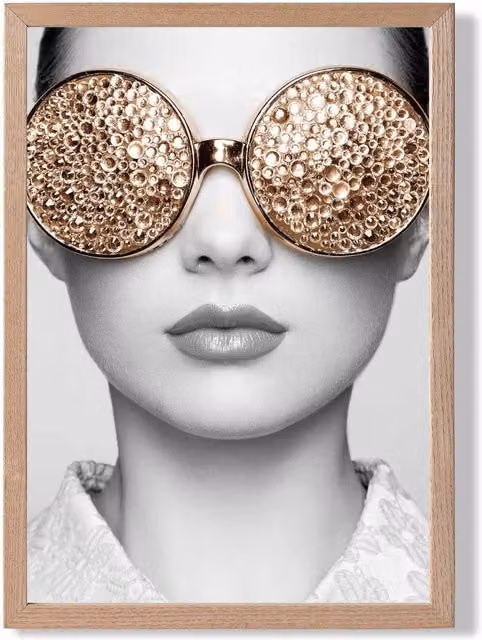 ARTZE Girl with Gold Bling Sunglasses Black and White Framed Photo Print with Oak Frame, A4 – 1