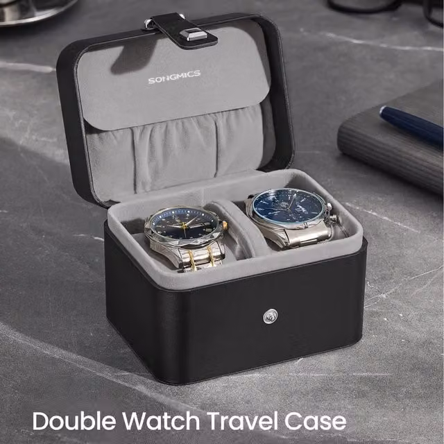 SONGMICS 2-Slot Watch Travel Case in Black and Grey