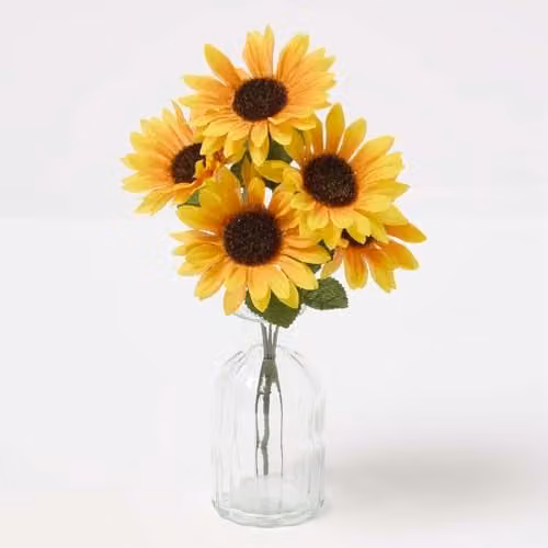HOMESCAPES Set of 5 Yellow and Green Artificial Sunflower Floral Bouquets, Height: 30 cm – 1