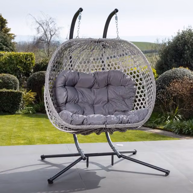 Artemis Home Modern Polyrattan Double Garden Swing Seat with Weatherproof Cushions in Grey