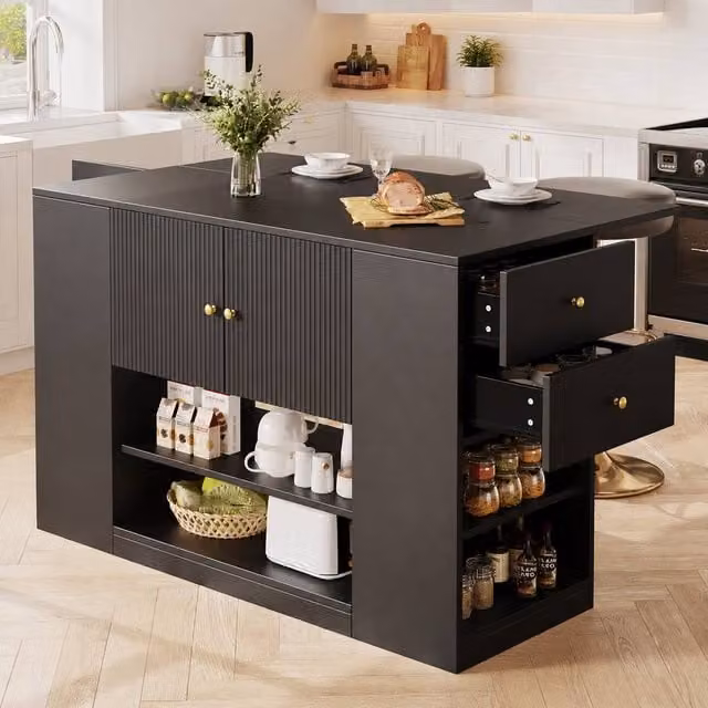 Merax Modern Kitchen Island with Foldable Tabletop, Drawers and Shelves in Black, W: 140.0 cm, D: 40.0 cm, H: 90.0 cm – 1