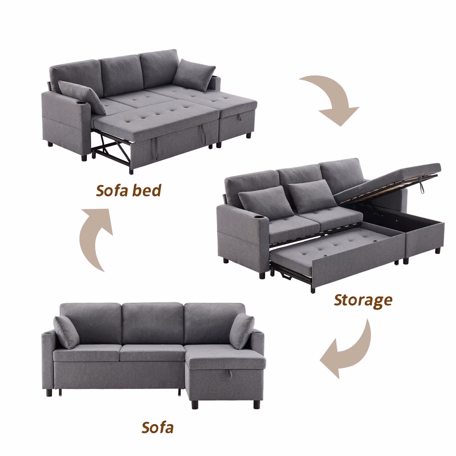 Aosom UK Grey L-Shaped 3 Seater Corner Sofa Bed with Storage, Cup Holders and Magazine Pockets, W/D/H: 212 x 141 x 87.5 cm – 4