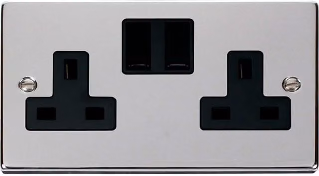 SE Home Polished Chrome 2 Gang 13A Twin Double Switched Plug Socket in Silver